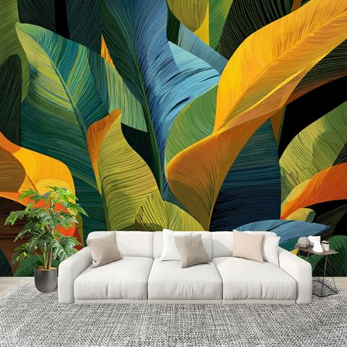 Carta Da Parati Artistico Fotomurale Tropicale Foglia Di Banano Dipinta Poster Gigante Da Parete Per Camera Da Letto, Soggiorno,Corridoio Multicolore Decorazione D'interni Murale 300x210 cm