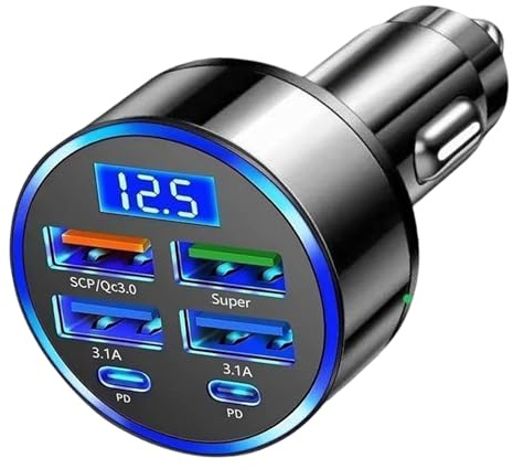 Car USB 6 in 1 Super Fast 30 Minute Car Charger,12V/24V USB Socket 300W | cigarette lighter usb charger,Car Accessories,Super Fast Charging in Car Charger,Chargring with LED Voltmeter 6 Port