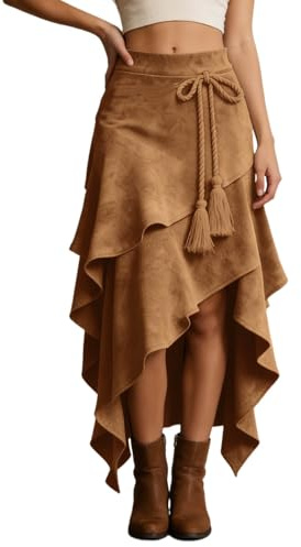 Jupe en daim pour femme - Jupe traditionnelle de cowgirl - Vintage hippie - Jupe midi occidentale - Ourlet asymétrique - Vêtement long gothique - Jupe trapèze - Jupe haute - Taille haute - Jupe