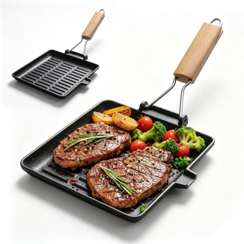 Chingcoo Stekgryta gjutjärn, grillpanna med fällbar trähandtag Fyrkantig grillpanna Induktion För alla typer av spisar Camping Utomhuskök Lätt att rengöra (28 × 28 cm)