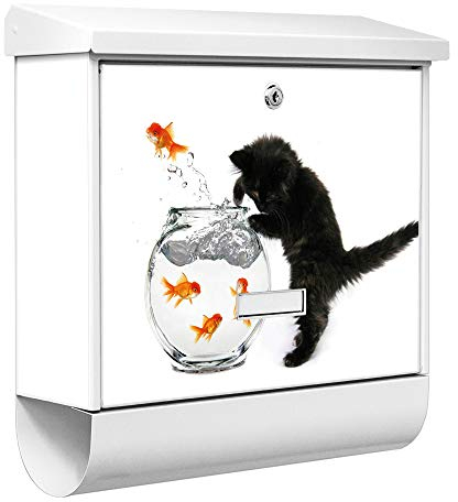 banjado® Burgwächter Briefkasten Weiß 38x39x12cm mit Motiv Katze Und Fisch/Briefkasten mit Zeitungsfach/Briefkasten mit Zeitungsrolle/Postkasten inkl. Montagematerial & 2 Schlüsseln