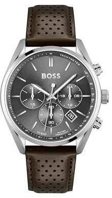 BOSS Herren 44mm Chronograph Quarz Uhr Champion Kollektion mit Edelstahl- oder Lederarmband, Datumsfunktion, 3 Sub-Dials, 10ATM Wasserdichtigkeit