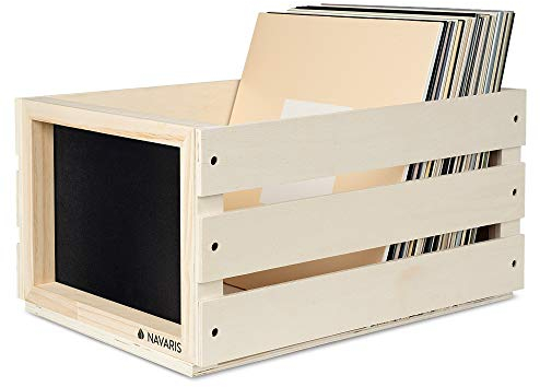 Navaris Holz Schallplatten Kiste mit Kreidetafel - 42,9 x 34,4 x 22,9 cm - für bis zu 80 LP Platten - Vinyl Aufbewahrung Holzkiste - Natur