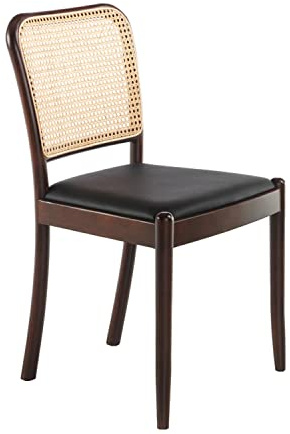 Angel Cerdá - Chaise de Salle à Manger avec Dossier Carré en Rotin, Revêtement en Similicuir Noir et Pieds en Bois de Noyer - Élégance et Confort - 48 x 50 x 84 cm