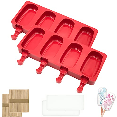 MARUKO Ice Lolly Moulds, Silicone Popsicle Mould, Ice Lolly & Ice Cream Moulds, Cakesicle Mould with 2 Lids & 100 Wooden Sticks for DIY Ice Cream (4 Cavities, Red)