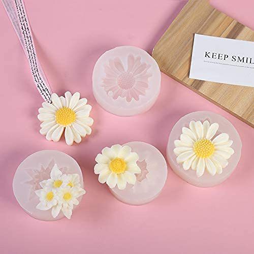 Paquete de 4 moldes de flores de manzanilla con agujero, manzanilla individual, cuatro margaritas en una, moldes de silicona para decoración de velas de resina