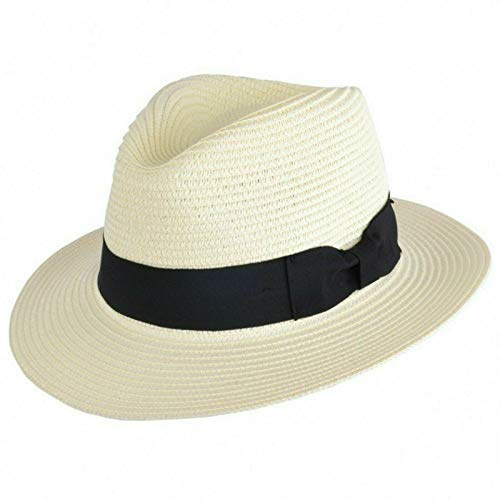 UK-UNIQUE Unisex Paper Straw Crushable Foldable Summer Panama Fedora HAT with Band and Adjustable Sweatband (S 55 cm, Cream)