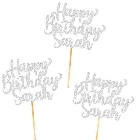 6X Personalised, Double Sided, Handmade Happy Birthday Glitter Cupcake Toppers by Cakeshop | Custom Colour Any Name 480gsm Glitter Cupcake Decorations | Silver