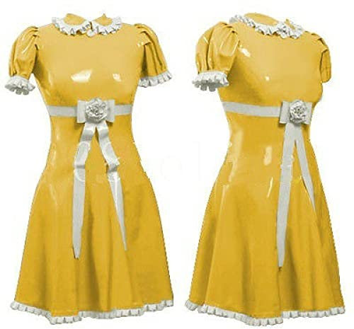 QJZM 100% Latex Dress Rubber Elegant Yellow Sweet Ladies Skirt with lace,Yellow and White,XXL