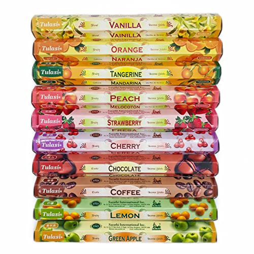 Pack 12 Cajas Surtido Incienso Natural Dulce y Frutal - 6 aromas distintos - Aromas surtidos - Canela, Vainilla, Coco, Fresa, Manzana y más - Hogar, Meditación, Yoga, Espiritual - 240 varillas