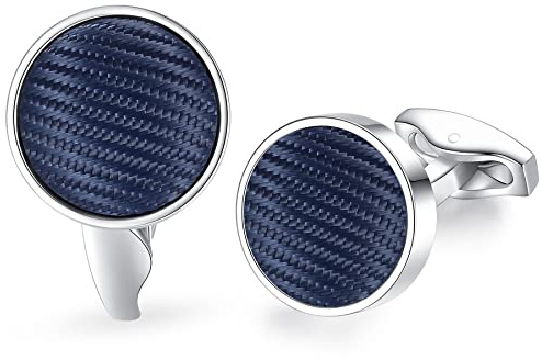 HONEY BEAR hommes mariage nylon Stripe ligne type tissu boutons de manchette boutons de manchette en acier inoxydable, rond (Bleu marine)