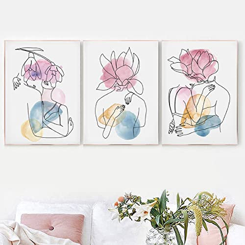 OTURRI Abstrakte Frau Sexy Line Poster und Kunstdrucke Begonie Blume Wand Bilder Leinwand Bild Nordic Wandbilder für Wohnzimmer Dekor 40x60cmx3 ungerahmt