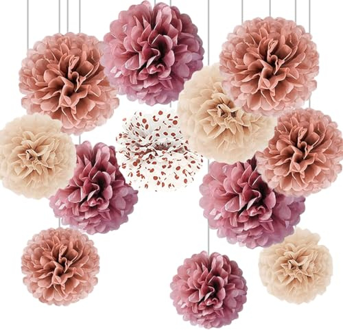 Hochzeit Deko,12 Stück Rosegold,Weinrot,Rosa Seidenpapier Pompons,Gold Dot Weiß Papier Pom Poms Seidenpompons für Party Deko