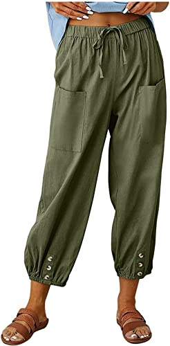 ASKSA Pantalon 7/8 Femme Été Lin Ample Longueur Pants Cordon pour Décontracté à Jambes Léger en avec Poches (Vert Armée,XXL)