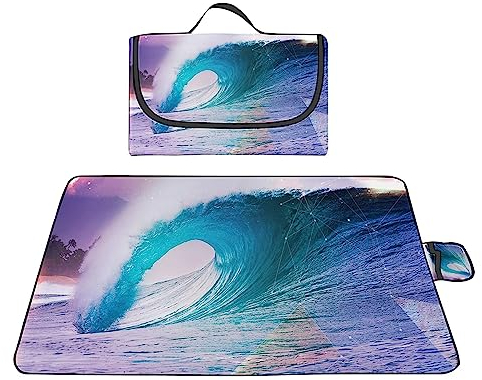 TengYuer Picknickdecke 180x200cm Stranddecke Wasserdicht Sandfrei Isoliert Faltbar Strandmatte mit Tragegriff Outdoor Campingdecke XXL für Camping Parks Strände Picknick GrüNe Welle
