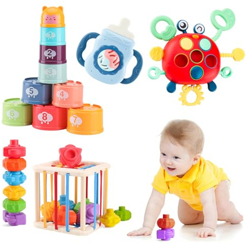 XAZASTOV Giocattoli Bambino Neonati 6-18 Mesi Giochi Montessori Sensoriali 1 2 3 Anno, Educativi Giocattolo Tazze Impilabili, Tirare la Corda, Cubo di Forma Sorter, Dentizione, Scatola di Fazzoletti