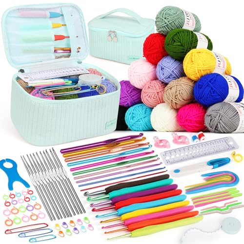 Aeeque Häkelset für Anfänger mit Ergonomisch Häkelnadel, Häkelnadel Set mit Acryl Wolle, Häkelset zum Häkeln Socken, Schals, Pullover, Decke, Bunte Häkelset für Arthritis mit Zubehör, Blau Tasche