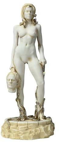 Medusa mit Kopf von Perseus Me Too Bewegung, Skulptur, gealterte Farbe, 33 cm