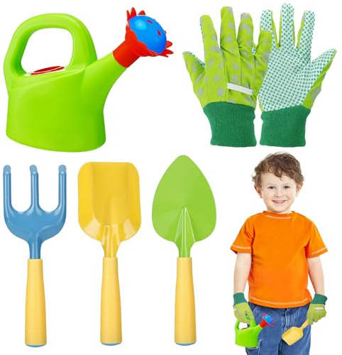 Biubee Kids Gardening Tools Set - Sturdy Watering Can Toy Set with Metal Shovel Hand Rake Kids Gloves, Toddler Gardening Kit Garden Toys for Outdoor Beach Sand Toy Gift, Green