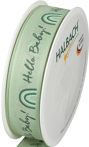 Halbach Geschenkband Hello Baby, 25 mm x 16 m, mint/grün | Schleifenband in Baumwolloptik, Made in Geramny und waschbar für die Babyshower, zum Dekorieren und Verpacken von Geschenken