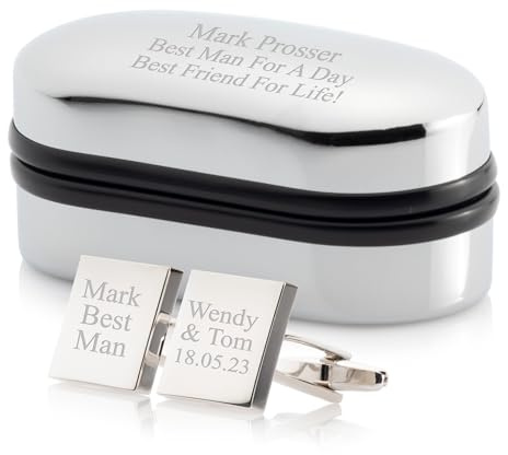 Personalised Silver Plated Best Man Cufflinks In Engraved Chrome Case - Engraved With Your Custom Text - 4 Shapes To Choose From