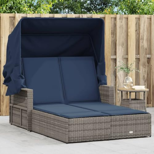 GOLINPEILO Outdoor Wicker Double Sun Lounger with Canopy and Navy Blue Cushions, Outdoor Double Chaise Lounge Chair with Folding Canopy, Outdoor Wicker Lounge Daybed, Gray Poly Rattan