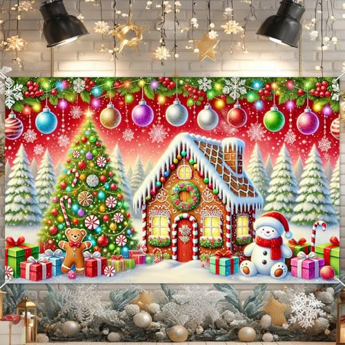 Blissyard Cartel de Feliz Navidad con casa de jengibre, muñeco de nieve y árbol de Navidad, 71 x 43 pulgadas, decoración de Navidad de pan de jengibre, telón de fondo de poliéster para decoraciones