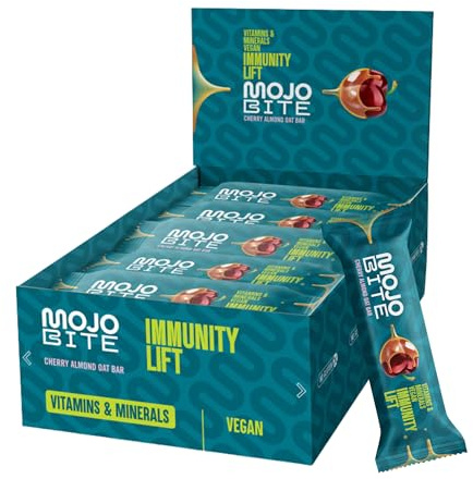 MojoBite Immunity Lift Haferriegel Kirsche & Mandel, 12 x 50 g | Weicher, ballaststoffreicher Riegel mit Vitamin D3, C & E, Zink & Selen, Vegan, Glutenfrei, Natürliche Zutaten