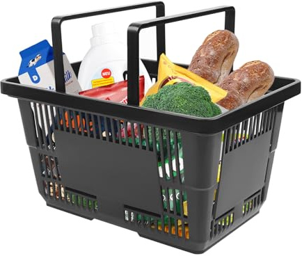Begoniape shoppingkorg med handtag, 12 stycken bärkorg, shoppingkorgar, 28 l plastkorg stapelbar, shoppingkorg svart för bokhandlar, stormarknader, stor, solid, 48 x 26 x 33 cm