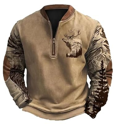 Sudadera con Estampado de Caza de Ciervos para Hombre Camisas de Manga Larga con Cuello en V Azteca Occidental Media Cremallera Camiseta de Jersey Vintage