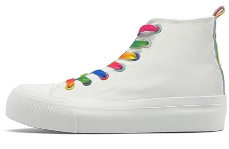 Zapatillas de lona de caña alta para mujer, con plataforma clásica, con cordones, zapatos deportivos al aire libre, tenis, correr, caminar, transpirables, Arco iris blanco, 38 2/3 EU