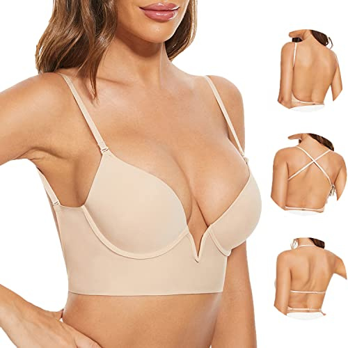 Zetopump Low Back Bras for Women-Seamless Deep-V Plunge Invisible Backless Bra-Lightly Lined Open Back Low Cut No Show Multiway Halter Bra (Nude, 36DD)