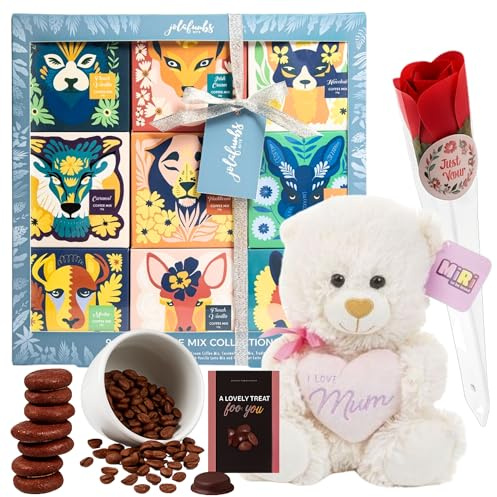 Mum Gifts for Birthday, Mothers Day – 9pk Instant Coffee Sachets Individually Wrapped 20g, Teddy Bear, Rose & Chocolate Coffee – Valentine & New Mum Gift Set (Mum Coffee Bundle)