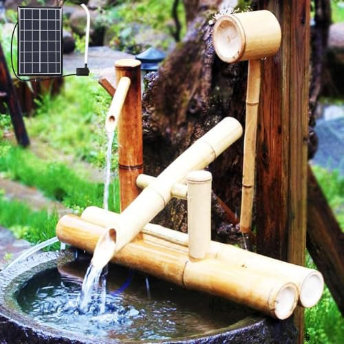 WSNCXFW Fontaine Solaire en Bambou, décoration de Jardin Feng Shui avec Pompe, Panneau Solaire et Filtre à Eau, fontaines d'extérieur autoportantes, pour Jardin, pelouse et arrière-Cour