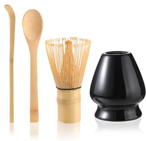 Mycketop Ensemble de thé matcha 4 pièces traditionnel fouet en bambou avec cuillère et support en céramique Noir