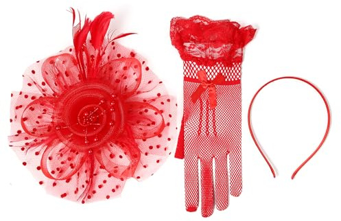 JewelryWe Fascinator Hut Handschuhen Set, Mesh Blumen Feder Kopfbedeckung Pillbox Derby Hut mit Schleier Stirnband und Clip Damen Kopfschmuck mit Spitzenhandschuhen für Tee Party Hochzeit
