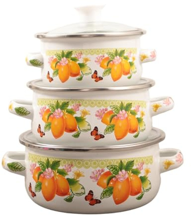 ＡＷＨＡＯ 3 Teiliges Emaille Kochtopf Set mit Deckel, Suppentopf, Eintopf, Mehrzweck Induktionskochgeschirr, Retro Design, Geeignet Zum Kochen, 2