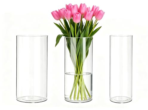 Guluto 3 Pack Acrylic Cylinder Vases, Non-breakable Vase for Centerpieces, 10 inch Tall Clear Flower Vase Bulk Floating Candle Holder for Wedding Table Home Decor and Party