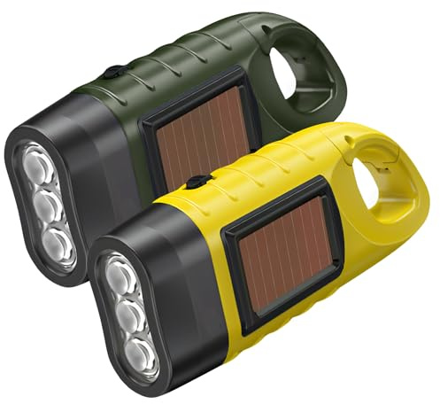2 PCS Wind Up Solar Torch UK Led Rechargeable Camping Flashlight Hand Crank | Solar Powered Torch Super Bright Portable Survival Emergency Kit Small Dynamo Light with Carabiner Hook
