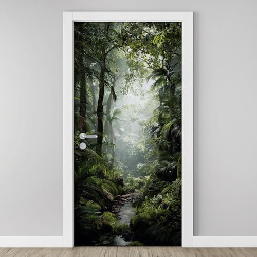 3D Türaufkleber Palmen Wald Türfolie, PVC Türtapete Fototapete Tropischer Regenwald Wandbild zum Abziehen und Aufkleben, Schlafzimmer Wohnzimmer Badezimmer Tür Verschönern Deko 88 x 200 cm