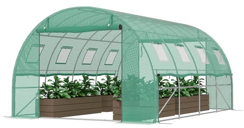 Froadp Växthus folietunnel 3 x 4 x 2 m, tomathus med galvaniserad stålram, folieväxthus med fönster och dragkedjedörrar, växthus för grönsaker och växter, grönt