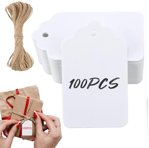 Geschenkanhänger Kraftpapier 100pcs, 4x7 cm Etiketten mit Juteschnur, Blanko zum Beschriften, mit Jute-Schnur, 20 m*1pcs,für Geschenke, Hochzeiten, Geburtstage, Weihnachten, Preisauszeichnung-Weiß
