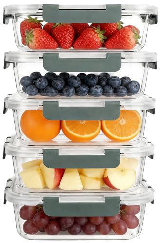5-Packs 36OZ Glass Food Storage Container with Lid, Reusable Airtight Meal Prep Containers, Glasss Lunch Box with BPA Free,Stackable, High Temperature Resistance, for Freezer, Microwave, Oven, Freezer