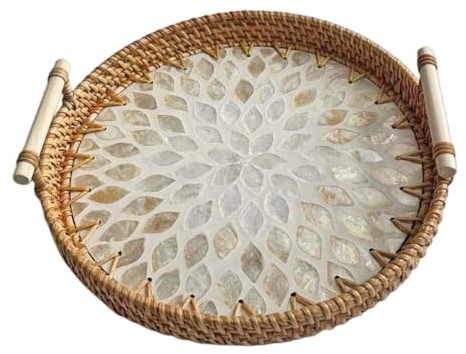 SLHEQING Rattan Serviertablett mit Griffen, Handgewebtes Wicker-Tablett Dekotablett Rund Aufbewahrungsplatten für Frühstück, Getränke, Snacks, Desserts, Brot, Kerze, Früchten (Beige, 28cm Durchmesser)