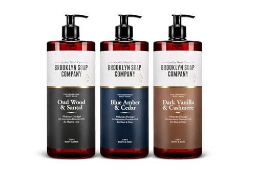 Brooklyn Soap Company Duschgel für Männer 3x 1 Liter - Komplettset aus 3 Düften - 2-in-1 Duschgel für Herren, für Haut und Haare - Shower Gel Set