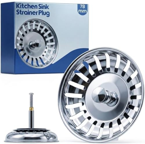 Kitchen Sink Plug Strainer, Upgraded Stainless Stee Strainers Sink Plugs Replacement Drain Stopper, 78mm Universal Sink Plug Strainer Waste Plug for Food/Hair Catcher, Sized for UK Sinks (1)