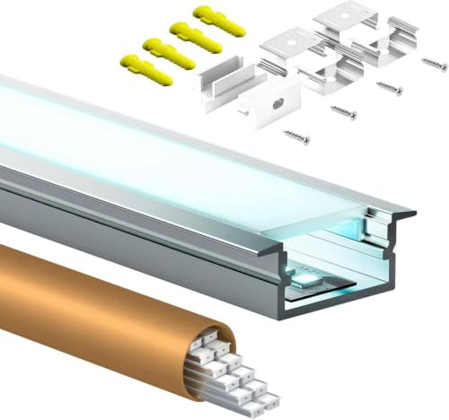 HOOLED Profilo LED da incasso in alluminio, profilo a U con diffusore lattiginoso, kit di installazione in alluminio per strisce LED da 15 mm, incluse coperture di protezione e clip metalliche.