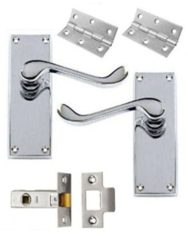 DISCOUNT HARDWARE UK Victorian Scroll Polished Chrome Door Handle Latch Pack + Hinges & 64mm Latch