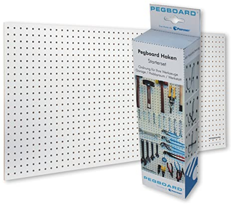 Pegboard Werkzeugwand aus Holz (MDF) inkl. 67-teiligem Hakenset - 120x60x0,5cm weiß/braun, Ø7mm Löcher & 25,4mm Lochabstand - für Werkstatt und mehr - FSC-zertifiziert & Made in Germany