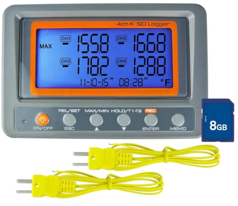 DANOPLUS Digitales 4-Kanal-Thermoelement-Thermometer mit SD-Karte, Datenlogger-Funktion, programmierbarer Alarm für hohe/niedrige Grenze, Mehrkanal-Temperatursensor, Temperaturrekorder